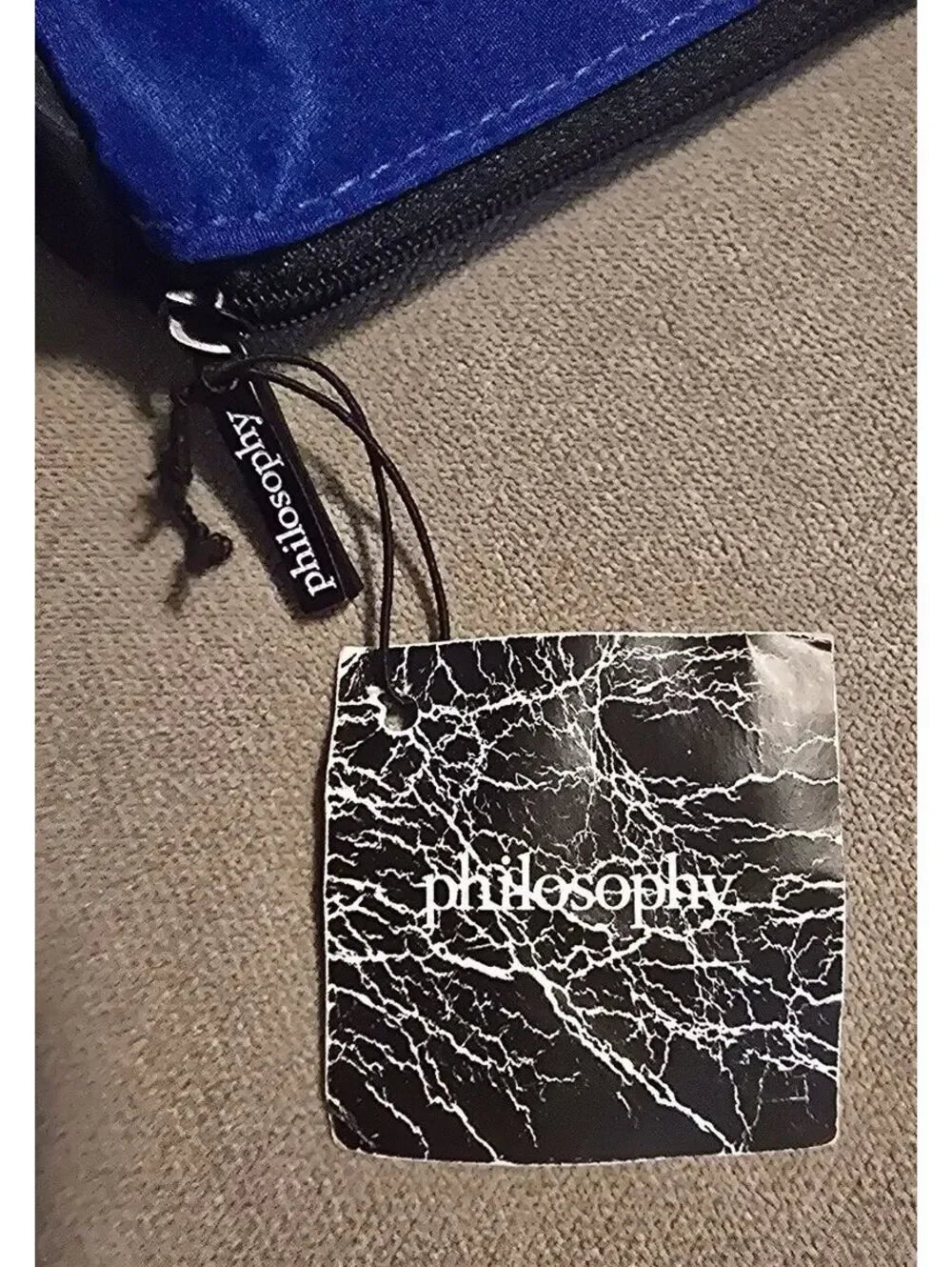 Philosophy Blue and Black Zippered Pouch with Text Interior Lining